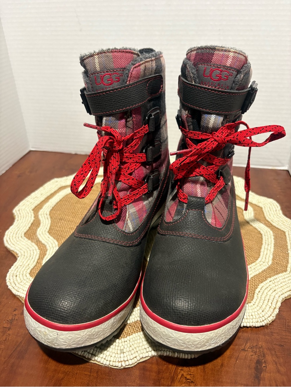 UGG Kids Red Plaid & Black Snow Boots